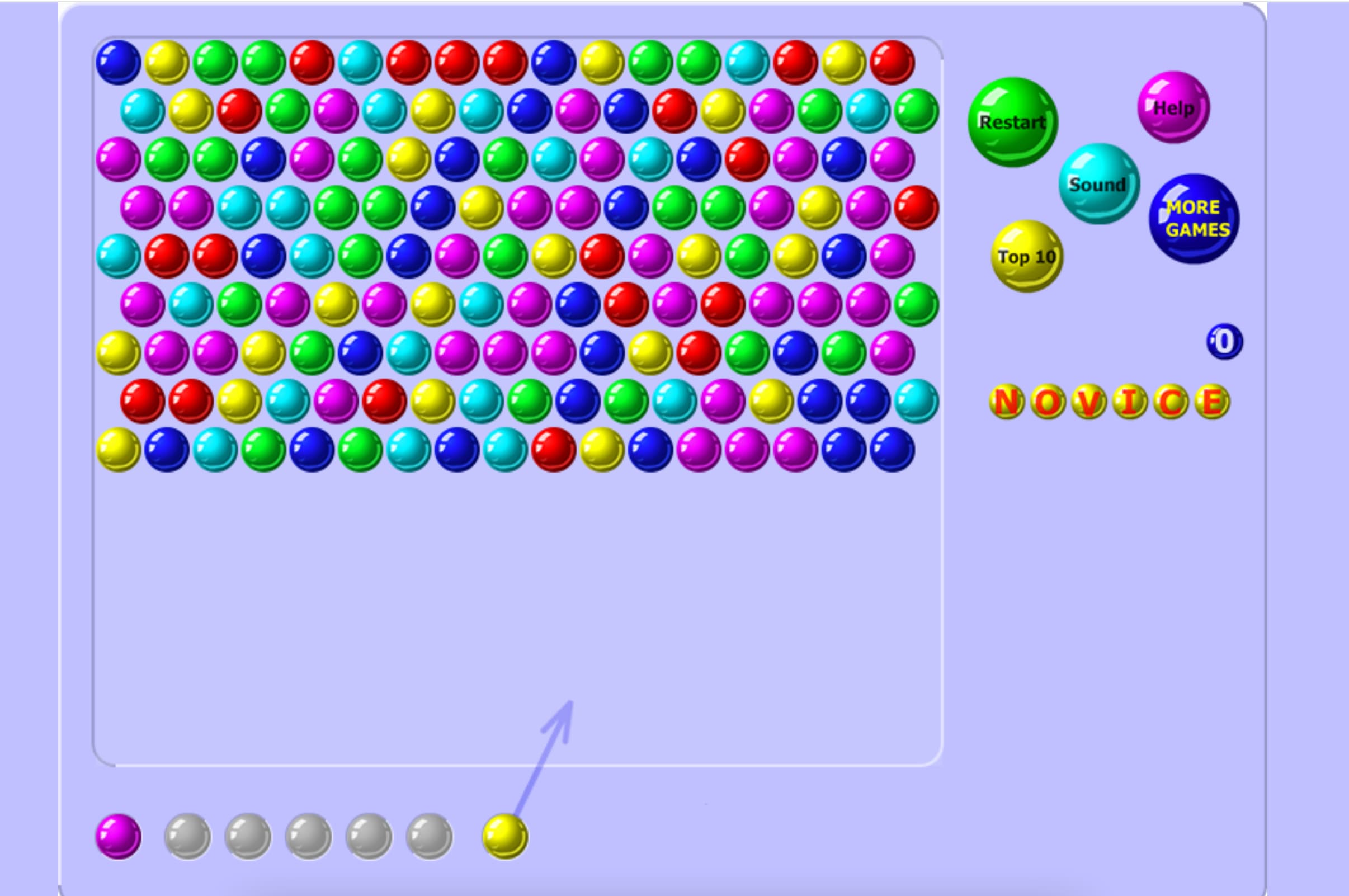 Classic Bubble Shooter game layout on 2player.online